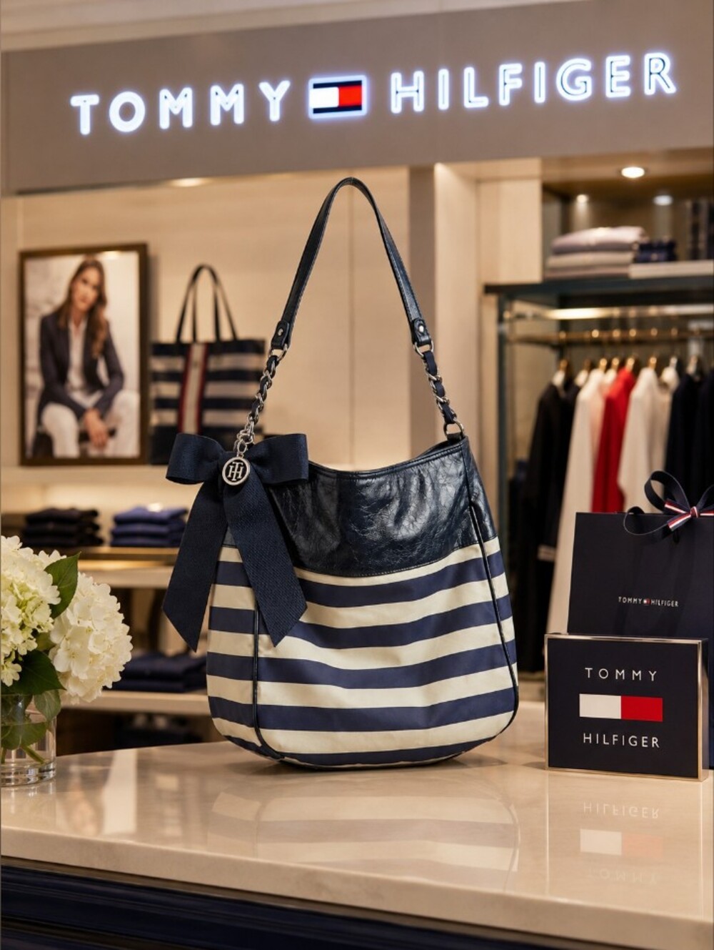 Tommy Hilfiger Navy and White Striped Shoulder Bag with Bow Accent